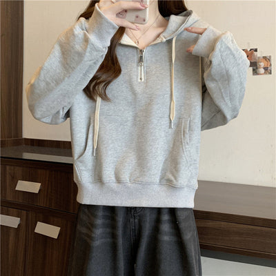 Femme Relaxed Fit Halb-Reißverschluss Pullover Hoodie Heidi-Mode