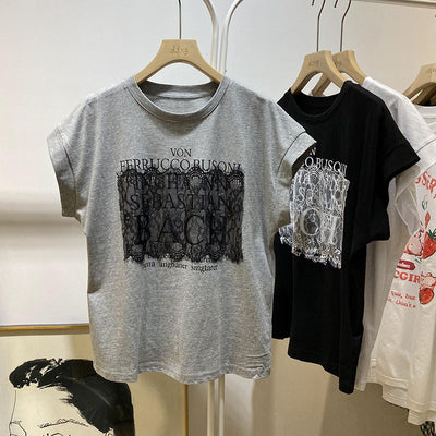 Femme Spitze Detail Grafik T-Shirt Heidi-Mode