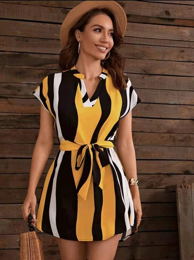 Leonora - Träger V-Ausschnitt gestreifter Mittelkleid