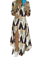 Damen nan knopfbares Maxi-Hemdkleid mit geometrischem Muster, V-Ausschnitt, Kentkragen und hohem Beinschlitz Drune in Dreiecksmuster