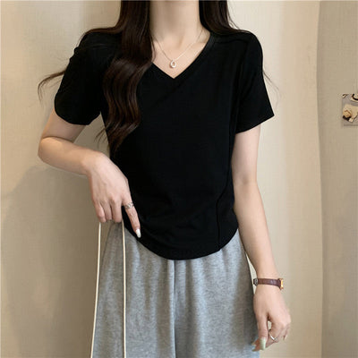 Femme Kurzarm V-Ausschnitt Basic T-Shirt Heidi-Mode