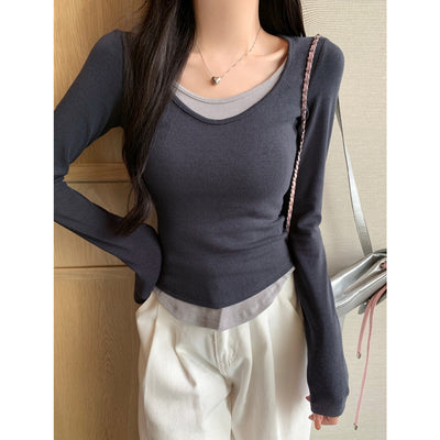 Femme Schicht Langarmoberteil mit einzigartigem Doppelsaum Heidi-Mode