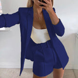 Damen nan tailliertes Longblazer-Shorts Set mit betonter Schulterpartie, hoher Taille und breitem Gürtel Drune in Marineblau