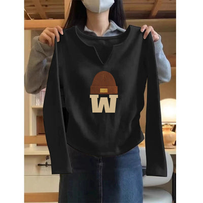 Damen Langarm Grafik-Top mit einzigartigem Beanie-Design Heidi-Mode