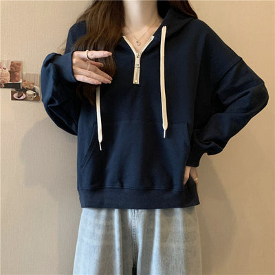Femme Relaxed Fit Halb-Reißverschluss Pullover Hoodie Heidi-Mode