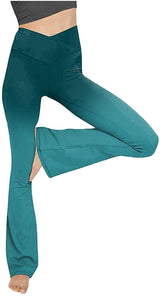 Damen nan taillenhohe Yogahose mit überkreuztem Bund und ausgestelltem Saum mit Schlitz Drune in Blau mit Verlauf