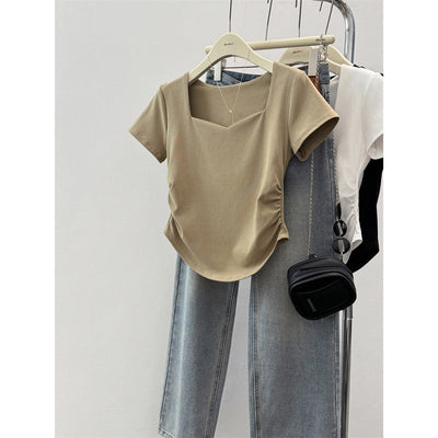 Damen Kurzarm Quadrat-Ausschnitt Raffung T-Shirt Heidi-Mode