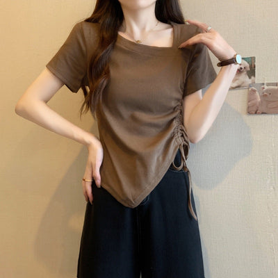 Damen Raffung seitliche Bindung T-Shirt mit quadratischem Ausschnitt Heidi-Mode