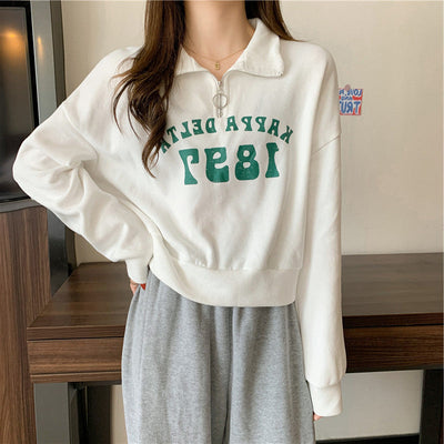 Femme Halb-Reißverschluss Freizeit Pullover Sweatshirt mit Vintage-Druck Heidi-Mode