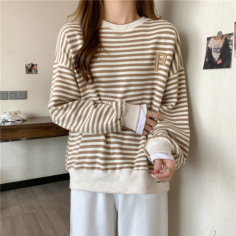 Damen Übergrößen Gestreifter Pullover Sweatshirt mit Statement-Bündchen Heidi-Mode