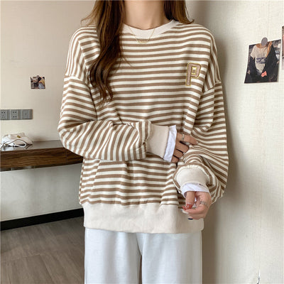 Damen Übergrößen Gestreifter Pullover Sweatshirt mit Statement-Bündchen Heidi-Mode