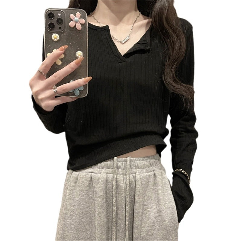 Femme Geripptes Langarm-Henley-Oberteil Heidi-Mode