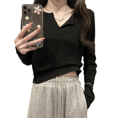 Femme Geripptes Langarm-Henley-Oberteil Heidi-Mode