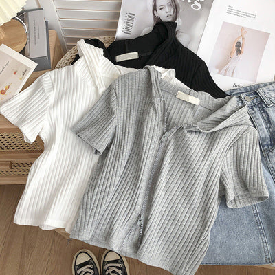 Damen Kurzarm Kapuzen Zip-Up Oberteil mit Ripptextur Heidi-Mode