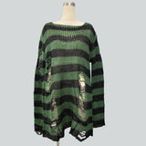 Damen nan Oversized Grobstrickpullover mit breiten Blockstreifen und aufgerissenem Design Drune in Langes Schwarzgrün