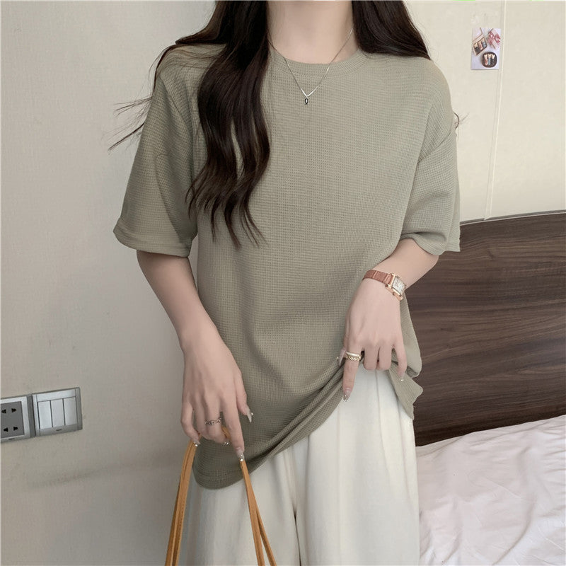 Femme Lockere Passform Texturiertes Kurzarm-T-Shirt Heidi-Mode