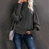 Damen nan Zopfmuster-Strickpullover mit Rollkragen und Ballonärmeln Drune in Dunkelgrau