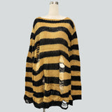 Damen nan Oversized Grobstrickpullover mit breiten Blockstreifen und aufgerissenem Design Drune in Lang Schwarz-Gold