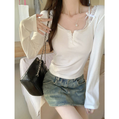 Femme Spitzenverziertes V-Ausschnitt Langarmoberteil Heidi-Mode