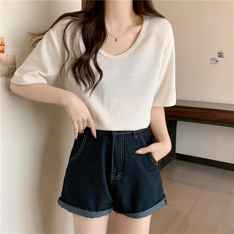 Femme Leichtgewicht Gestreiftes V-Ausschnitt T-Shirt Heidi-Mode