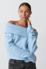 Damen nan Off-Shoulder Grobstrickpullover mit breitem Umschlagkragen und lässiger Oversize-Passform Drune in Blau