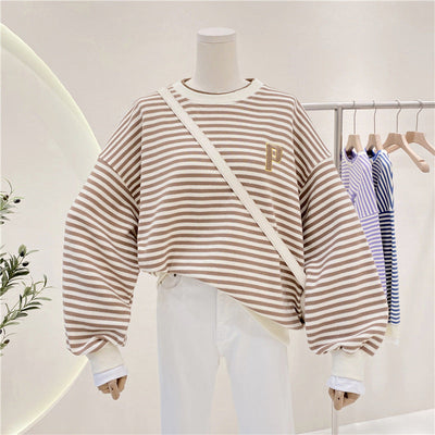 Damen Übergrößen Gestreifter Pullover Sweatshirt mit Statement-Bündchen Heidi-Mode