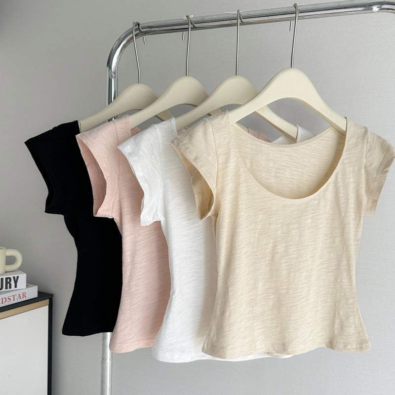 Femme Kurzarm Flatternder Rundhalsausschnitt Top Heidi-Mode