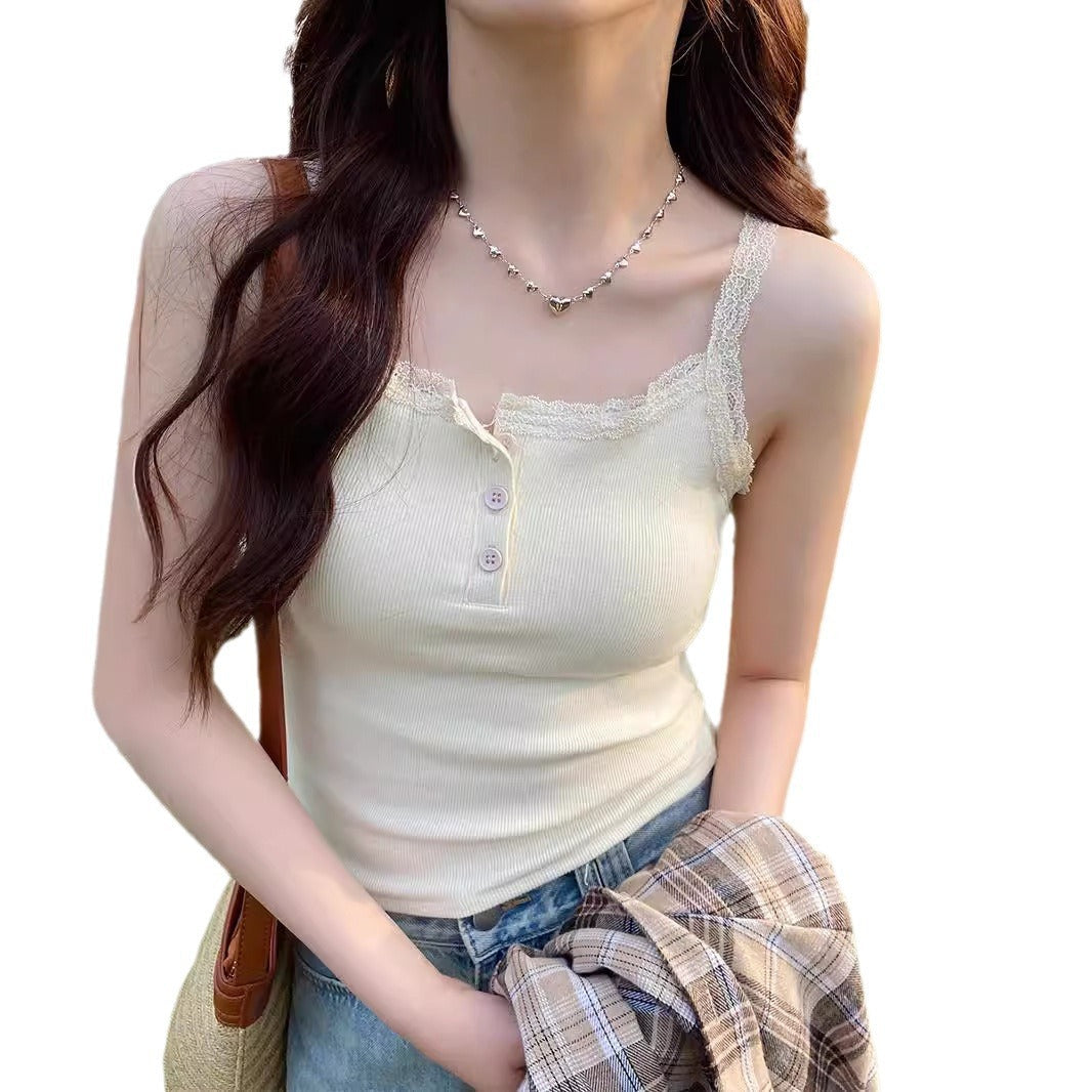 Femme Spitzenbesetzte Knopfverschluss-Camisole Top Heidi-Mode