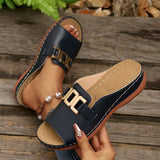 Damen Slip-On Keilabsatz Sandalen Mit Schnalle – Bequeme Plateauschuhe in Tiefblau