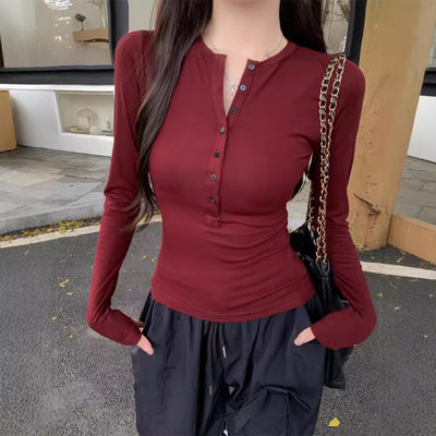 Femme Langarm-Henley-Top mit elegantem Knopfdetail Heidi-Mode