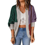 Damen nan lässige Strickjacke im Patchwork-Stil mit offener Front und 3/4-Ärmeln Drune in Dunkelgrün