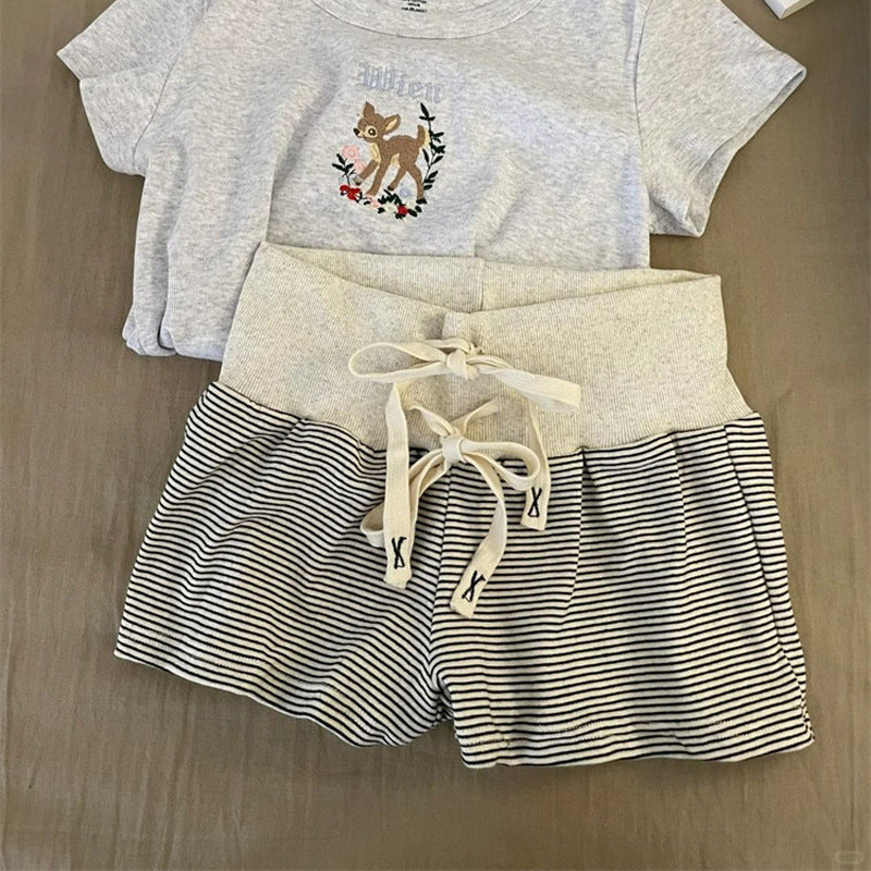 Damen Hochtaillierte Gestreifte Lounge-Shorts mit Verstellbarem Kordelzug Heidi-Mode