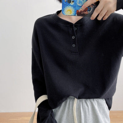 Damen Langarm Waffelstricktop mit Knopfdetail Heidi-Mode