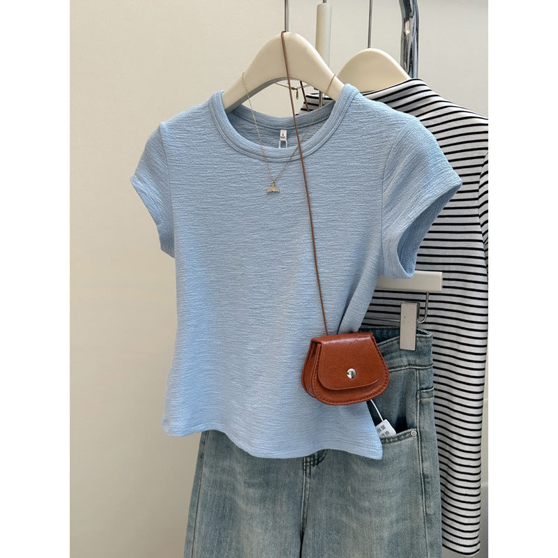 Femme Kurzarm Texturiertes T-Shirt mit Gekürzter Silhouette Heidi-Mode