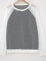 Damen nan Pullover mit Waffelstruktur, Raglanform und transparenter Spitzenärmel Drune in Schwarz-Weiß gestreift