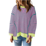 Damen nan oversized gestreifter Sweatshirtpullover mit kontrastsaum, überschnittener Schulter und seitlichen Schlitzen Drune in Violett gestreift