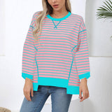 Damen nan oversized gestreifter Sweatshirtpullover mit kontrastsaum, überschnittener Schulter und seitlichen Schlitzen Drune in Neonblau gestreift