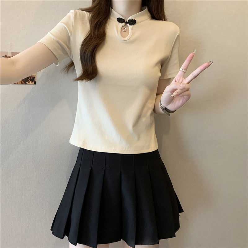 Femme Kurzarm-T-Shirt mit Schlüsselloch-Ausschnitt und dekorativem Bogen Heidi-Mode