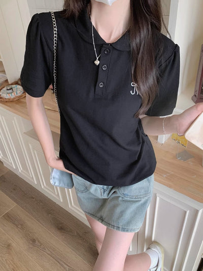 Damen Kurzarm-Polo-Shirt mit stilvollen Puffärmeln Heidi-Mode