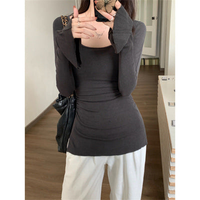 Damen Langarm Enges Oberteil mit Eleganten Ausgestellten Manschetten Heidi-Mode