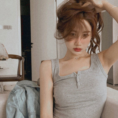 Femme Rippene Knopfen-Front Gekürztes Tanktop Heidi-Mode