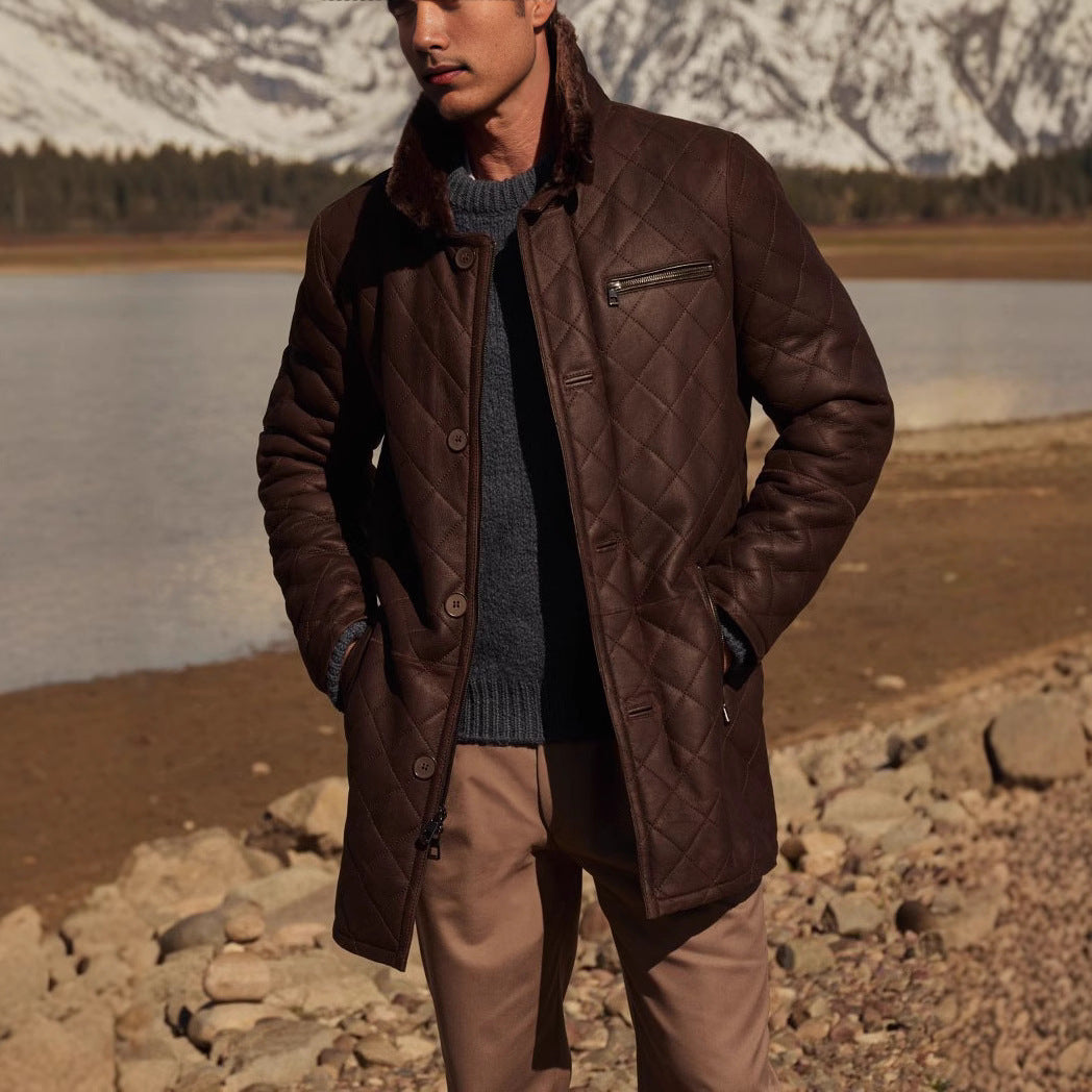 Herren gesteppter Kunstleder-Mantel mit Teddyfell-Kragen Aliams