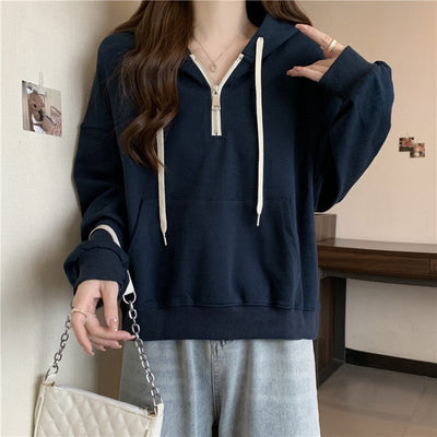 Femme Relaxed Fit Halb-Reißverschluss Pullover Hoodie Heidi-Mode