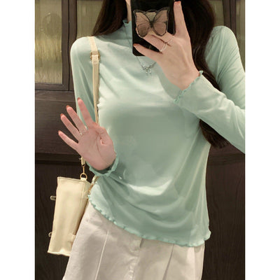 Damen Langarm Rüschen Mock Neck Top Heidi-Mode