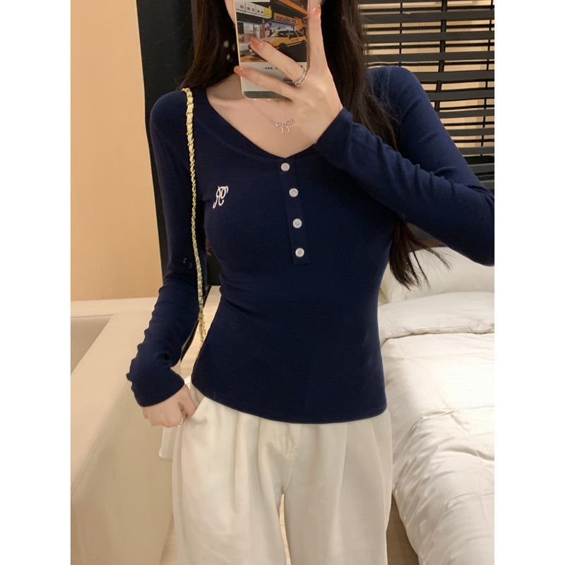 Damen Langarm Ripp-Henley-Oberteil mit stilvollen Knopfdetails Heidi-Mode