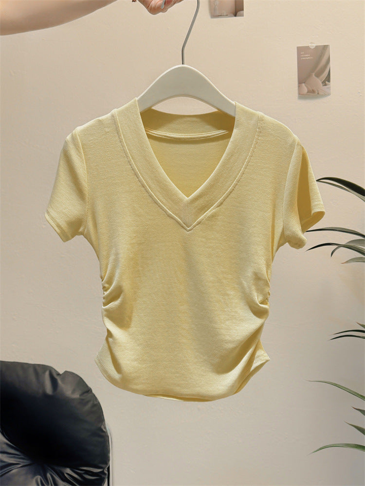 Femme Kurzarm Raffung V-Ausschnitt Oberteil Heidi-Mode