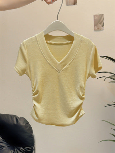 Femme Kurzarm Raffung V-Ausschnitt Oberteil Heidi-Mode