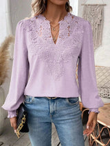 Damen nan Spitzenapplikation V-Ausschnitt Bluse mit Strukturpunkt, gerafften Manschetten und leicht taillierter Silhouette Drune in Helllila