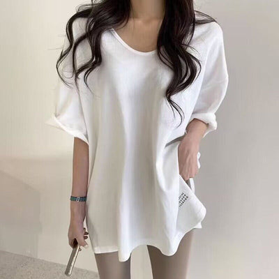 Damen Oversized Rundhalsausschnitt Freizeitoberteil mit umgeschlagenen Ärmeln Heidi-Mode