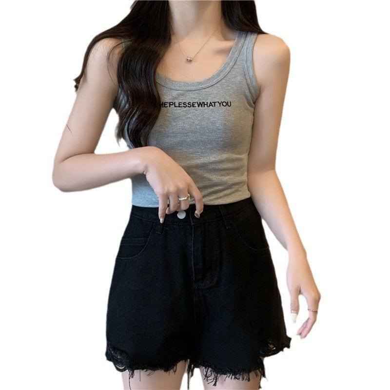 Femme geripptes Baumwoll-Tanktop mit Textdruck Heidi-Mode